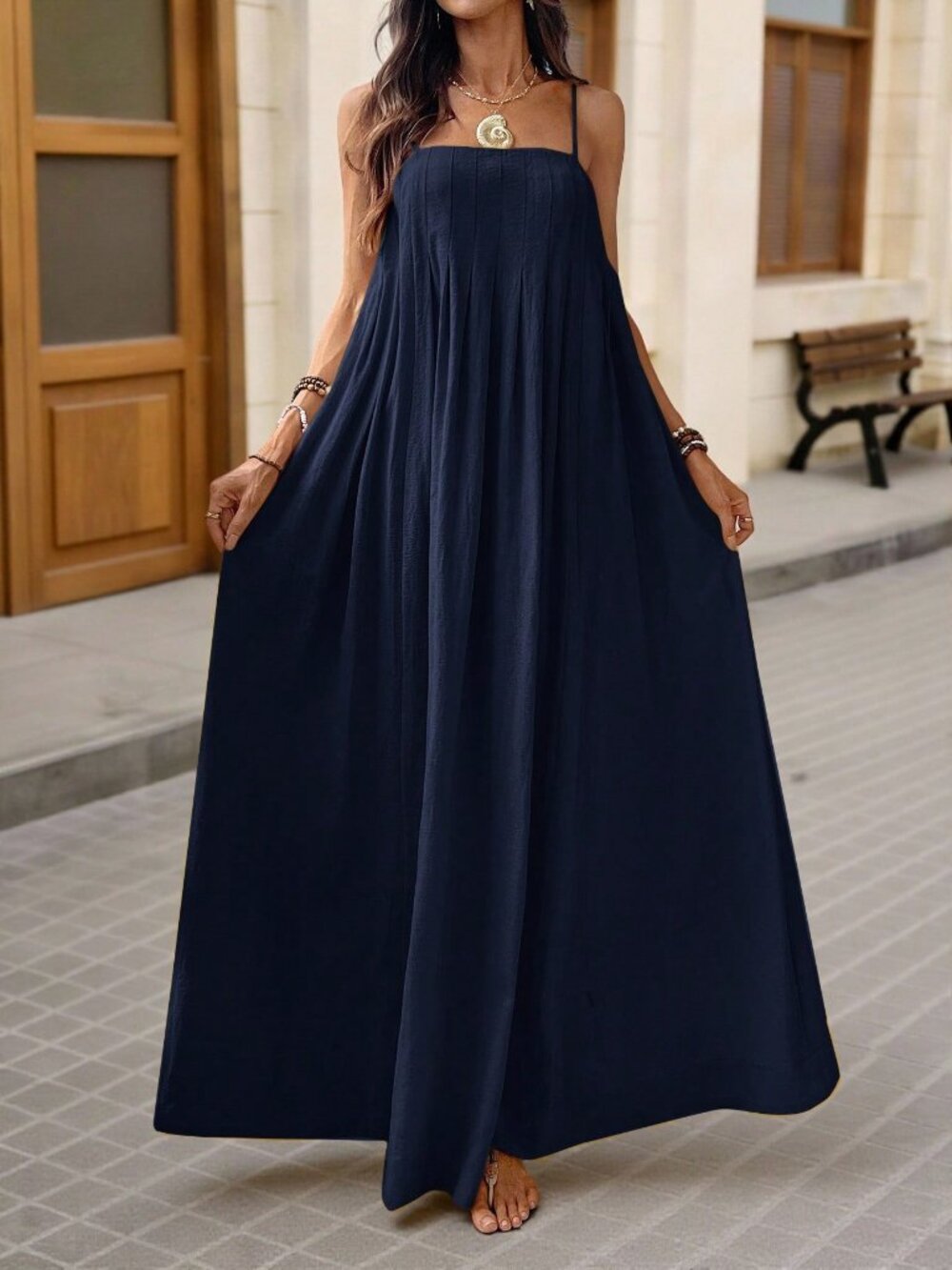 Blue Casual Women's square neck loose fit maxi Dress, - Picture 6 of 7